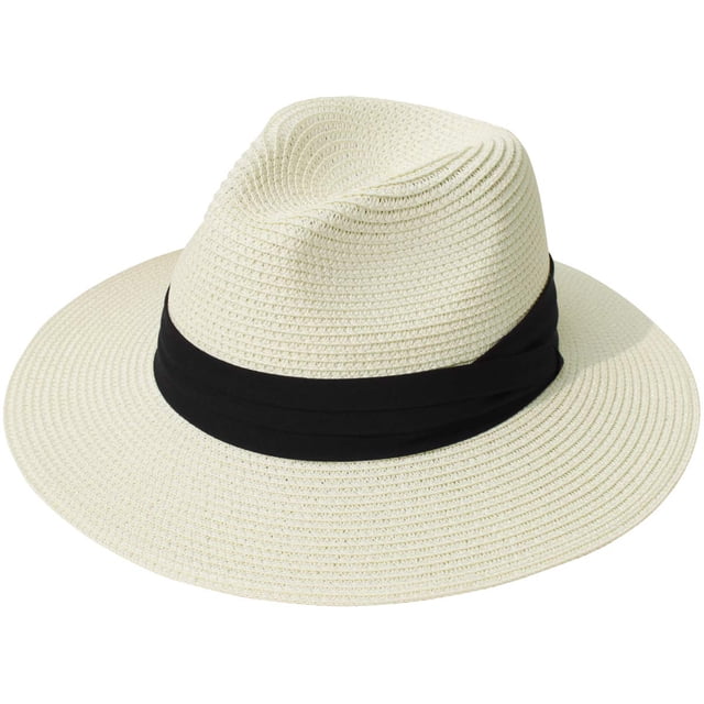Lanzom Sombrero enrollable Panamá de paja de ala ancha para mujer Fedora Beach Sun Hat UPF50+