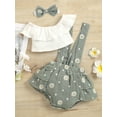 thumbnail image 3 of Franhais Baby Girl Summer Shorts Suit Boat Neck Solid Ruffle Tops Daisy Print Overalls Shorts Bow Headband, 3 of 9