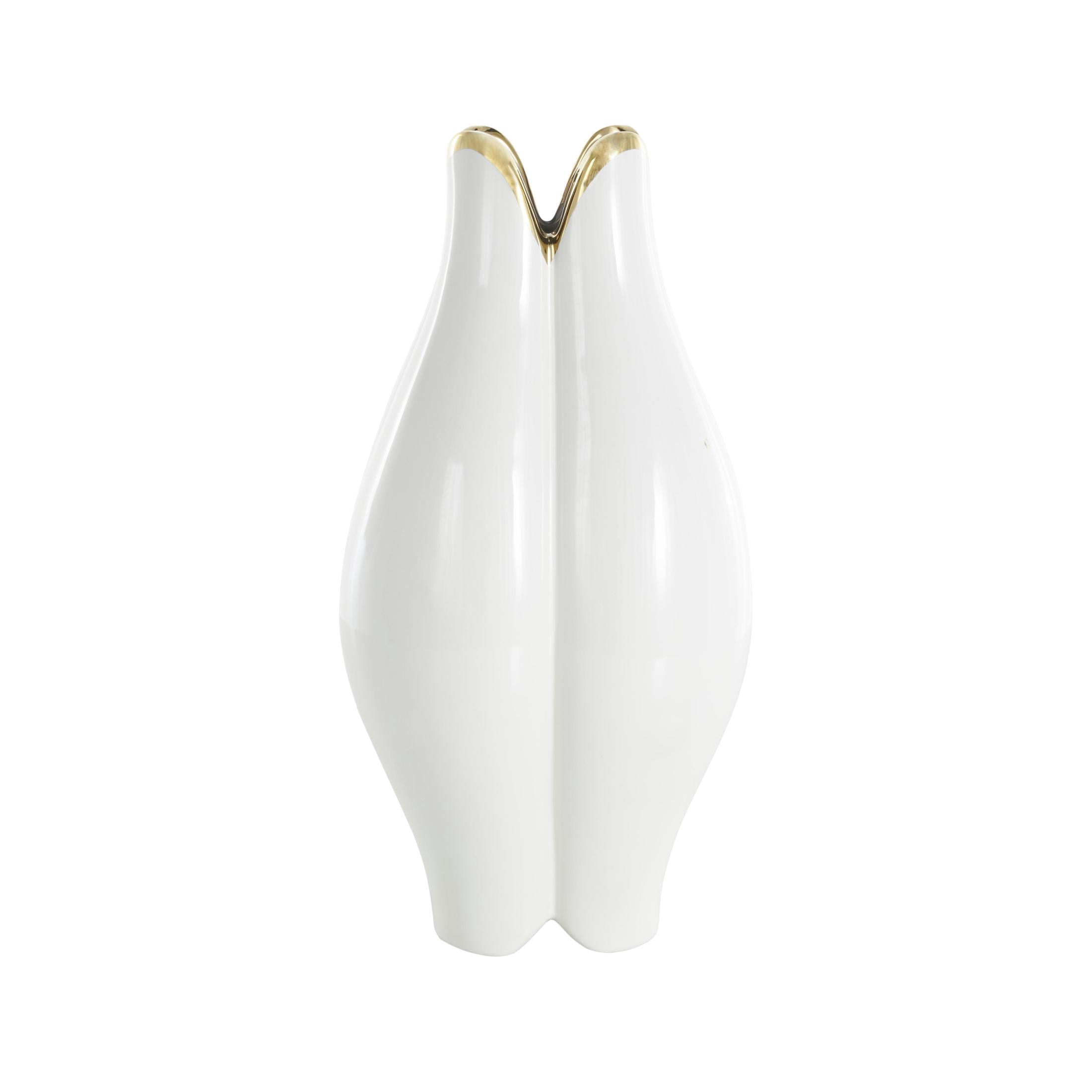 DecMode 16" Floral Dimensional Shaped White Ceramic Vase with Metallic Gold Rim
