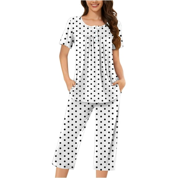 Annhoo Womens Pajama Sets Button down Pleated Short Sleeve Shirts and Capri Pants Plus Size Polka Dots Pj Sets