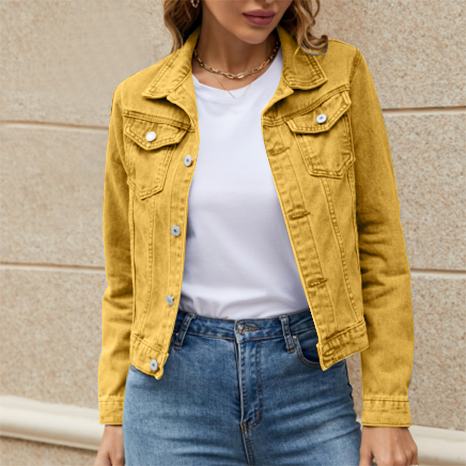 iOPQO womens sweaters Women's Basic Solid Color Button Down Denim Cotton Jacket With Pockets Denim Jacket Coat Women's Denim Jackets Yellow M - image 5 of 8