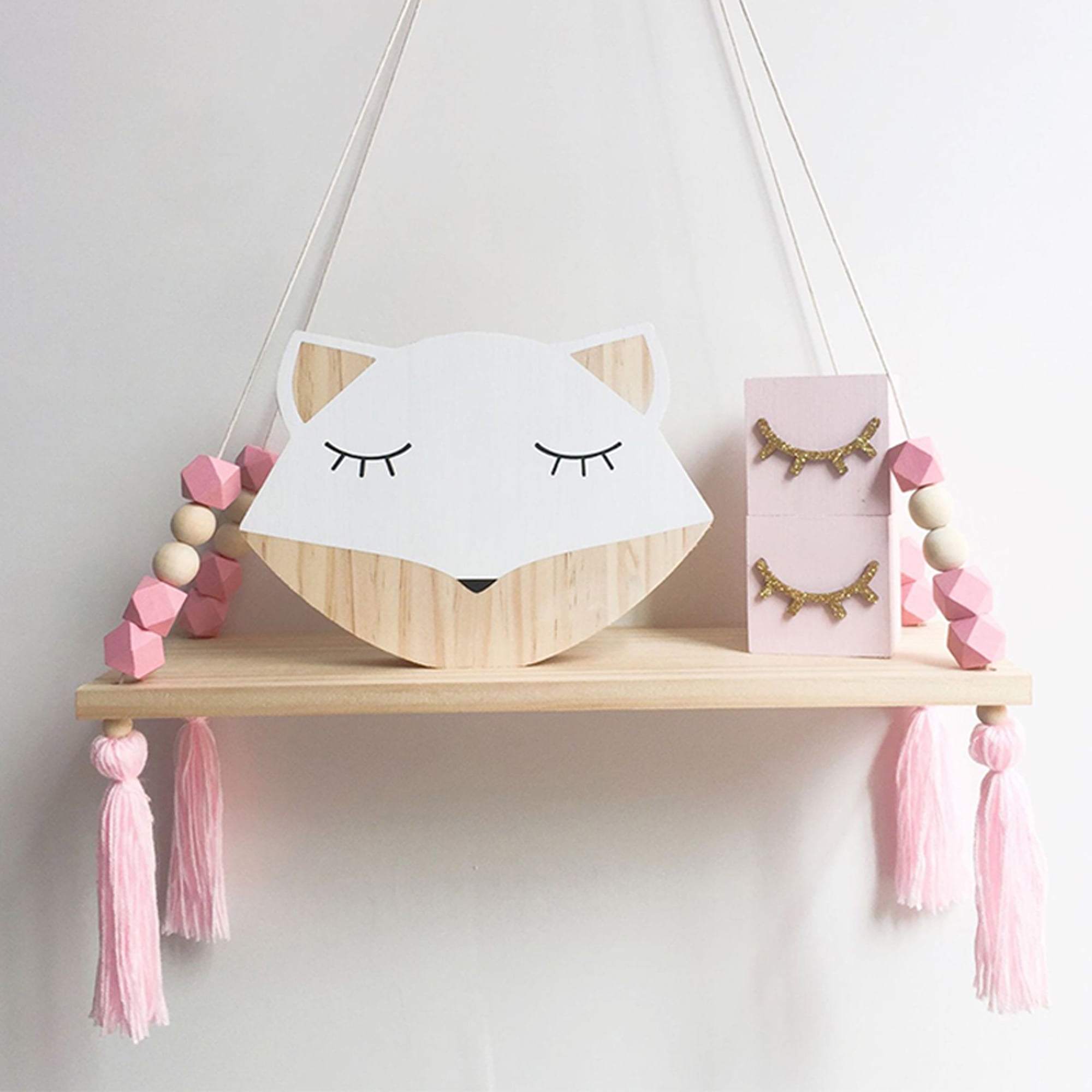 Baby Kids Storage Rack Wood Rope Tassel Swing Wall Hanging Shelf