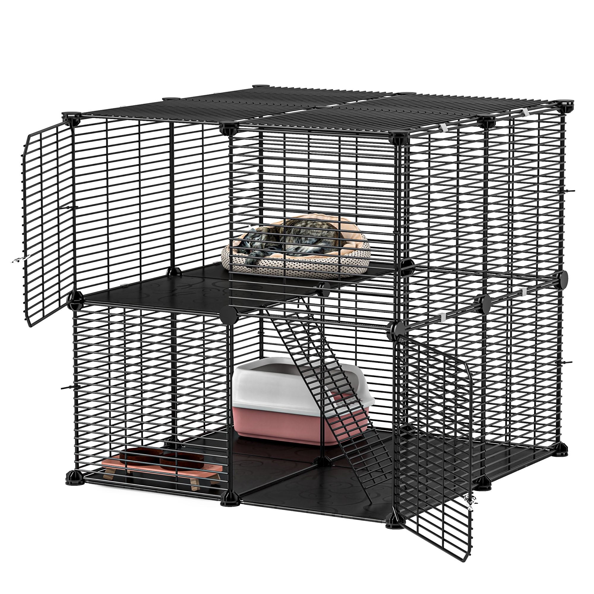Uforic 2 Tier Cat Cage, Indoor Cat Enclosure DIY Cat Playpen Metal Kennel for 1-2 Cats,28"L x 28"W x 28"H,Black