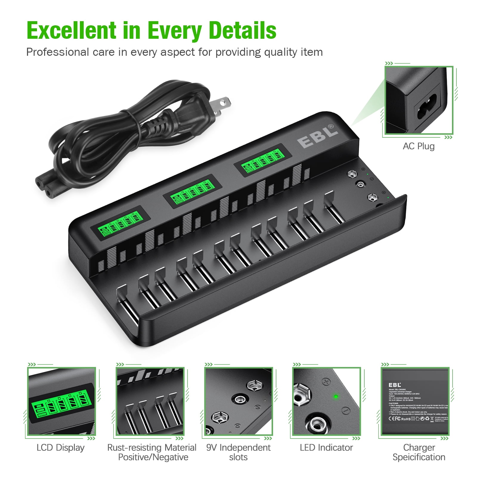 8Packs AA Rechargeable Batteries 2800mAh NiMh with 12+2 Bay AA AAA C D Ni-MH Ni-CD Battery Charger