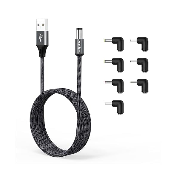 xixishop 3.3ft USB to DC 5V Power Cord 5521(5.5x2.1mm) | Braided Nylon & Aluminum Shell | 6pcs DC Adapter Tips | Fast & Durable Charging for CCTV Cameras, Routers, LED Strips, Dark Gray