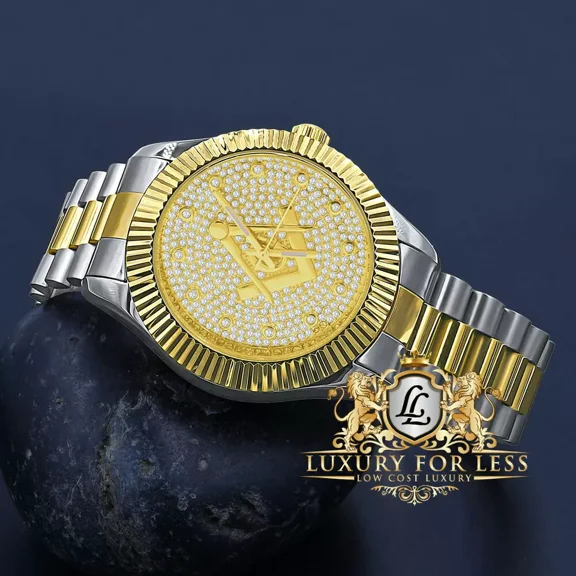 Mens 2 Tone Gold Finish Freemason Masonic G Compass Simulated Diamond Steel Back Metal Band Watch Water Resistant 40mm