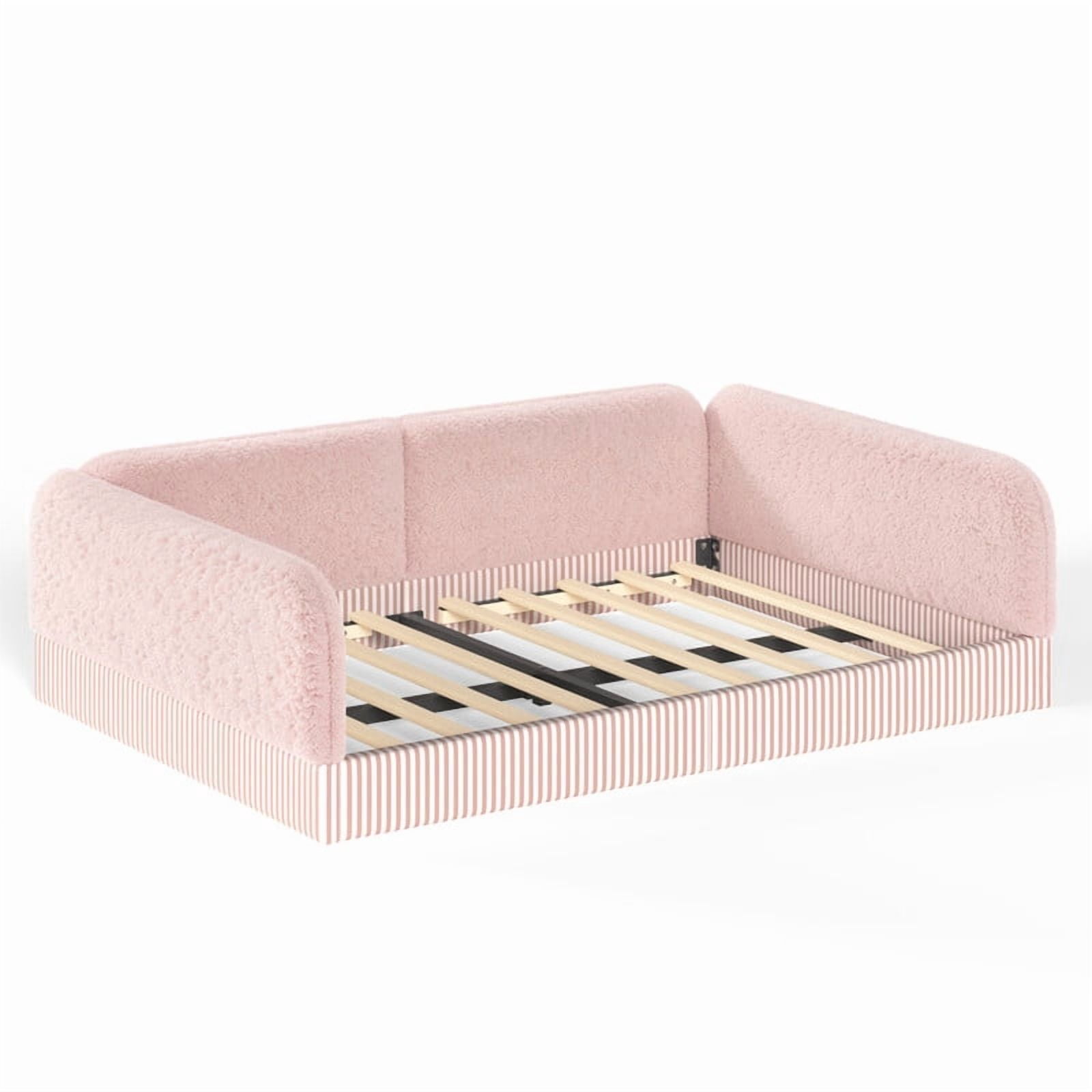 Full Size Upholstered Floor Daybed Frame for Kids, Half-Enclosed Montessori Platform Bed with 3-Sided Surrounding Guardrails