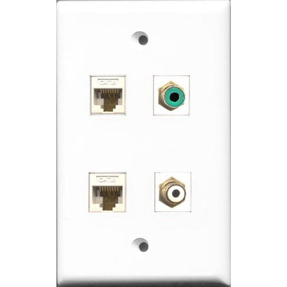 RiteAV 1 Port RCA White and 1 Port RCA Green 2 Port Cat6 Ethernet White Wall Plate