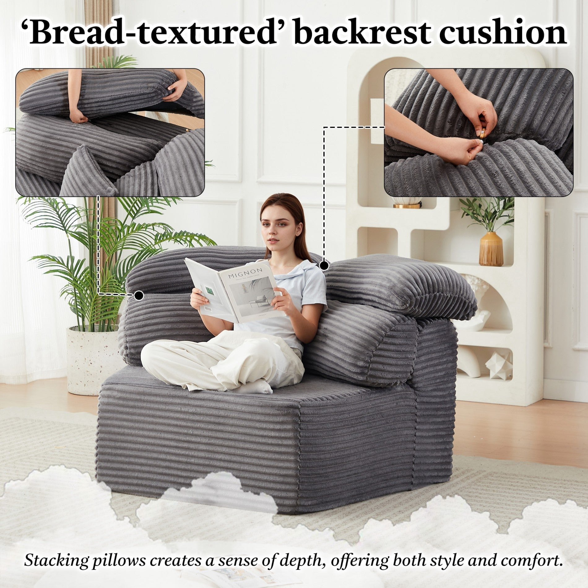 Sailvan 2PCS 53" Modern Corduroy Modular Lounge Chair, Pentagonal Seater Cloud Sofa with 6 Enveloping Pillows for Living Room Grey