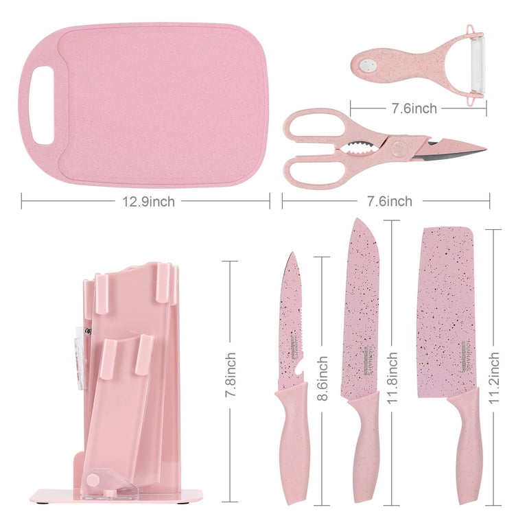 CHROME CLUB Stainless Steel Pink Knife Set with Block - 7 Piece  Pink Kitchen Knife Set with Durable Clear Knife Block and Sharpener -  Vibrant Pink Knives with Pink Kitchen Scissors