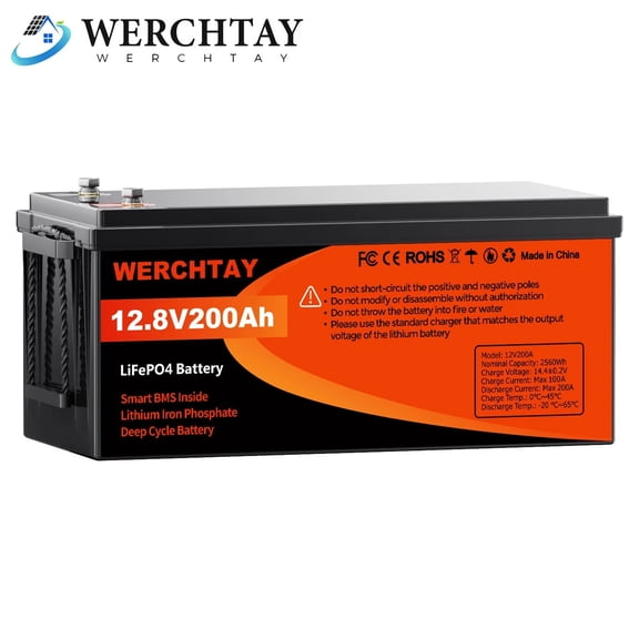 WERCHTAY 12V 200Ah Deep Cycle Lithium Battery LiFePO4 200A BMS for RV, Boats, Trolling Motor, Solar Off-Grid