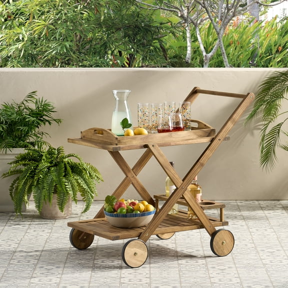 Riviera Natural Stained Acacia Wood Cart Mobile 3-Tier Storage