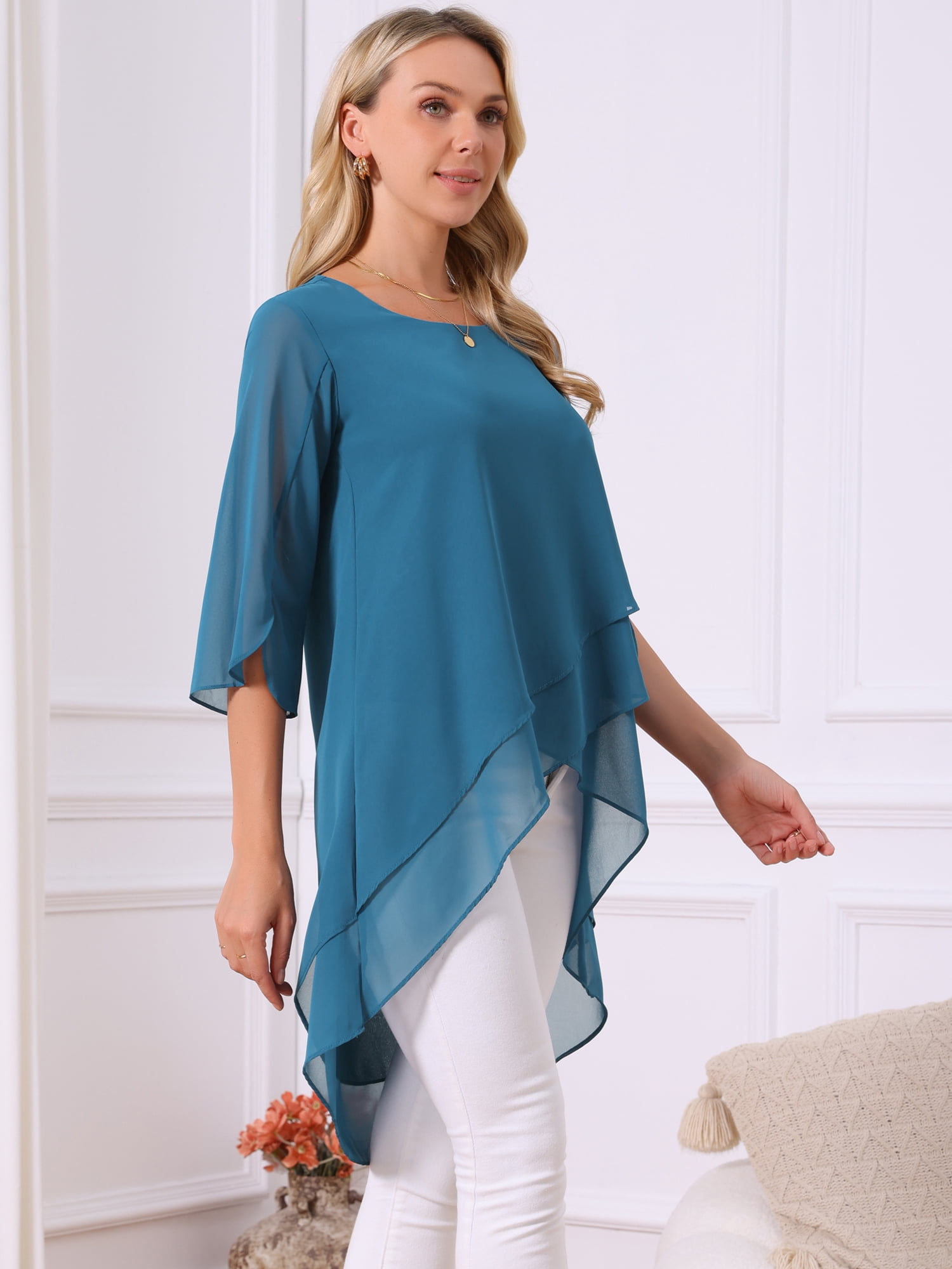 DARING DIVA Women's 3/4 Sleeve High Low Hem Scoop Neck Chiffon Blouses M Peacock Blue
