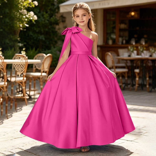 Vestido de fiesta de satén con lazo de un solo hombro para niñas pequeñas, lindo vestido de baile formal de satén con efecto cruzado y cinturón, fucsia, talla 1, de 2 a 12 años.