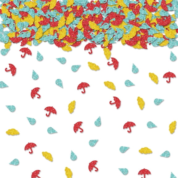 100pcs Umbrella Confetti, Red&Gold Glitter Umbrella and Raindrops Table Confetti for Rain Party, Weather Themed Birthday Paper Scatters, Baby Shower/Spring Party Table Decoration