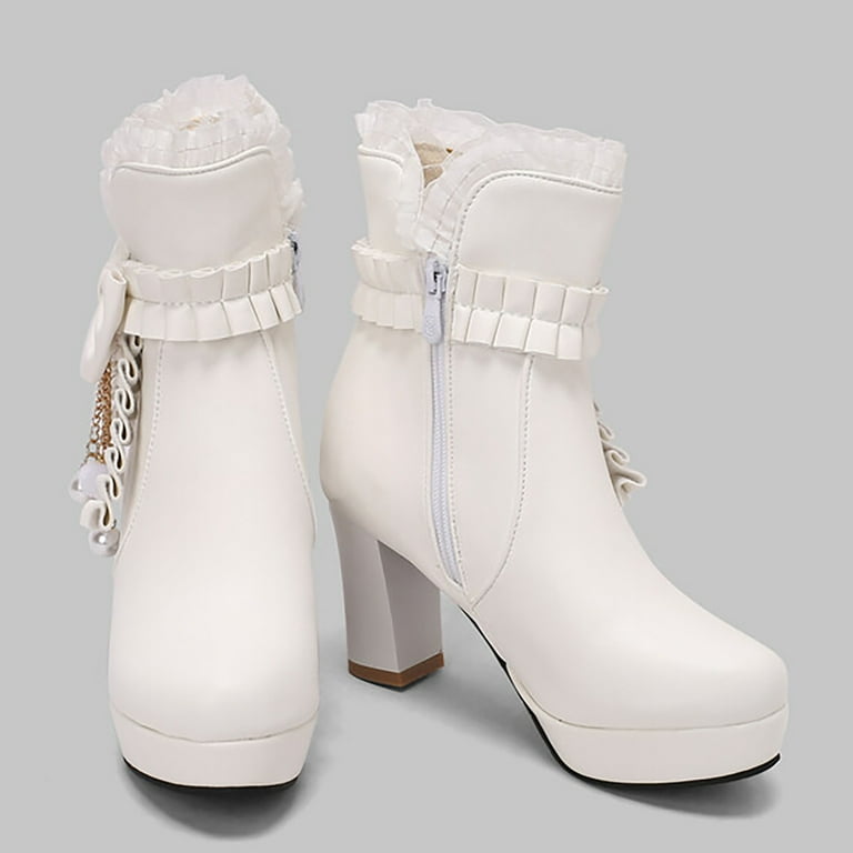 CBGELRT High Heel Ankle Boots for Women Autumn Winter Fashion Lace Bow Tassel Beaded Korean Boots Large Size Lug Sole Booties Shoes 39 White Walmart