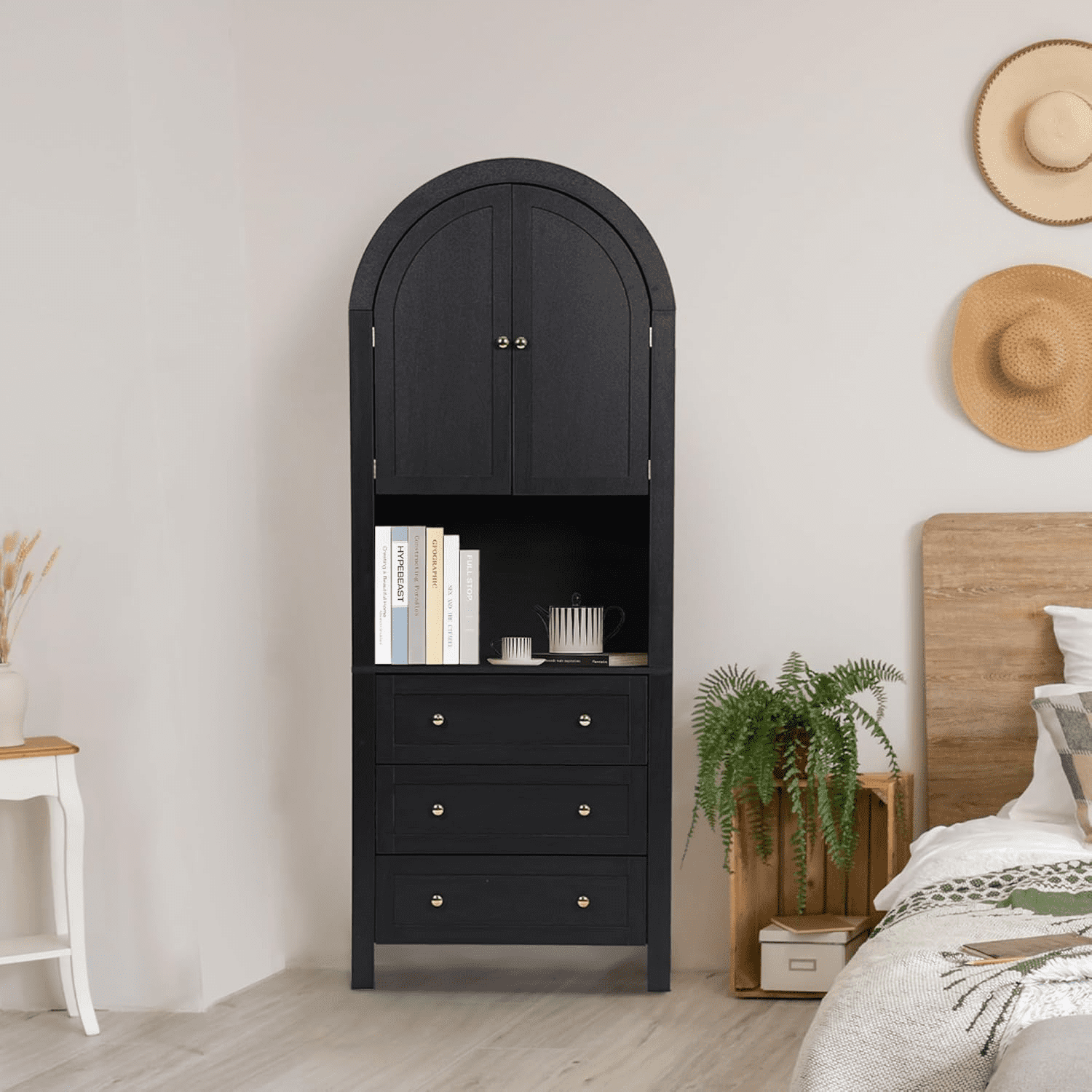 LEFHDA 6-Tier Arched Storage Cabinet with Drawer, Cabinet with Doors and Countertop, Arched Bookcase with Storage, Kitchen Pantry Cabinet, Wooden Storage Cabinet for Living Room