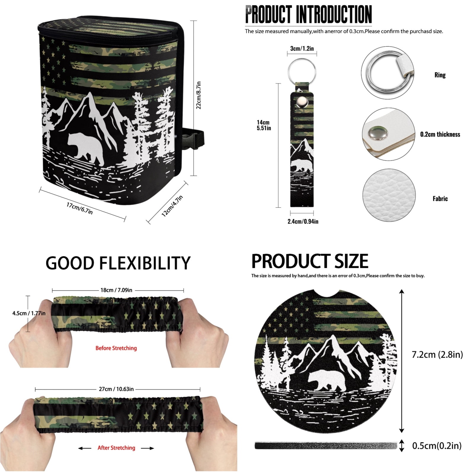 Jeiento American Military Flag Car Seat Covers Set of 13 Pack, Auto Steering Wheel Cover Seatbelt Pads Trash Can Rear View Mirror Protector Mountain Coasters Keychain Lip Balm Holder Car Accessory