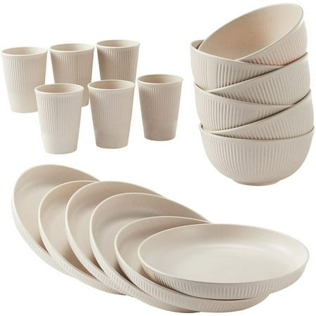 18pcs Wheat Straw Dinnerware Sets q Unbreakable Reusable Dinnerware Set Kitchen Cups Plates and Bowls Sets Dishwasher Microwave Safe Plates