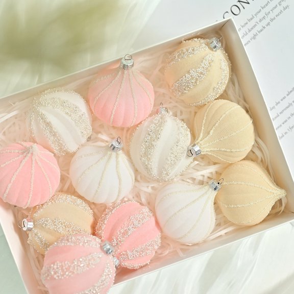 KAMUGO Juego de Adornos para Bolas de Árbol de Navidad, 12 Uds., Bola de Navidad de Terciopelo de 2,36 Pulgadas, Decoración Navideña de Camello Blanco Rosa