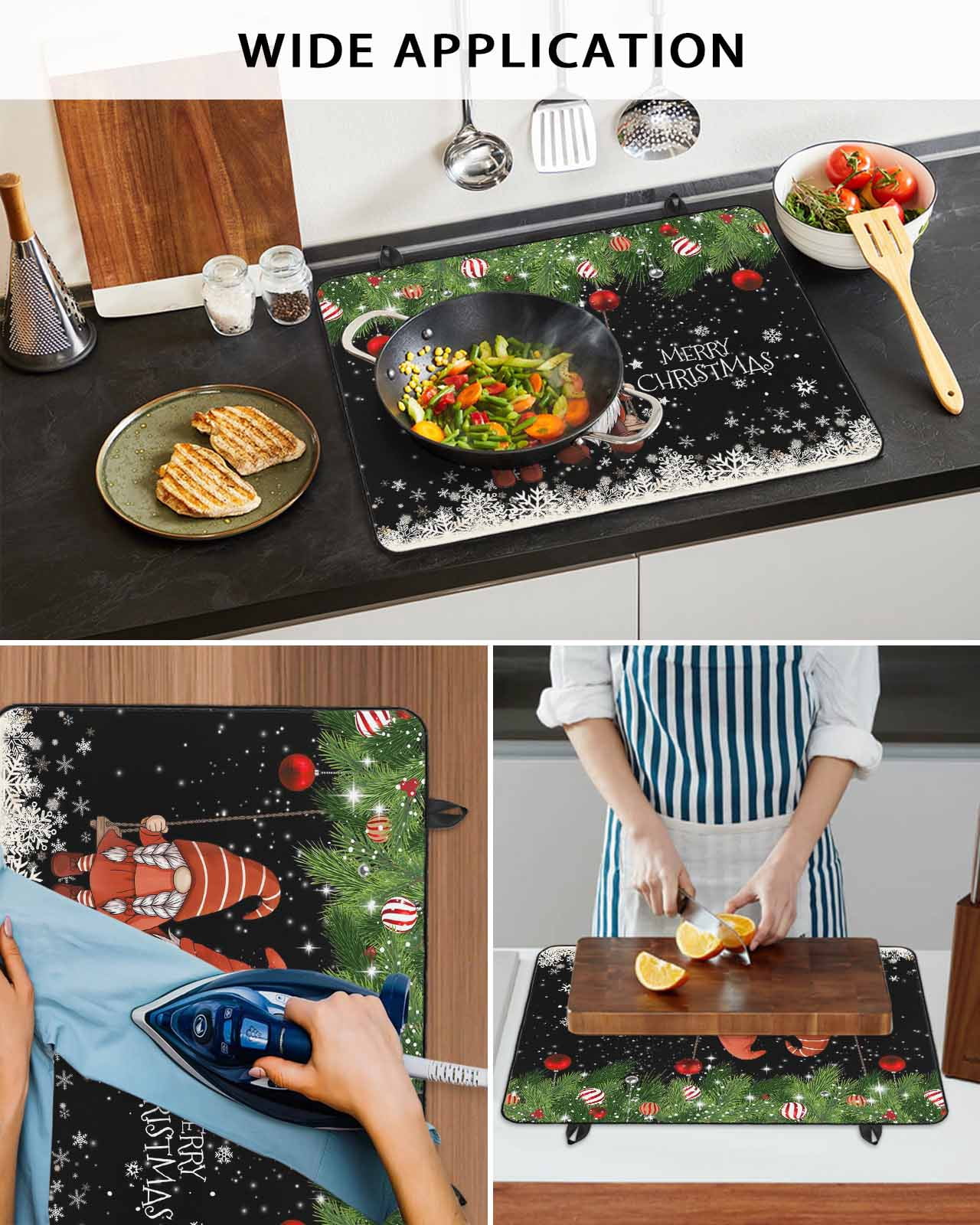 Large Induction Cooktop Protector Mat Black Gnomes Christmas Stove Top Covers for Electric Stove, Xmas Weeping Balls Snowflake Decorative Stove Burner Cover Mats, Glass Top Stove Cover