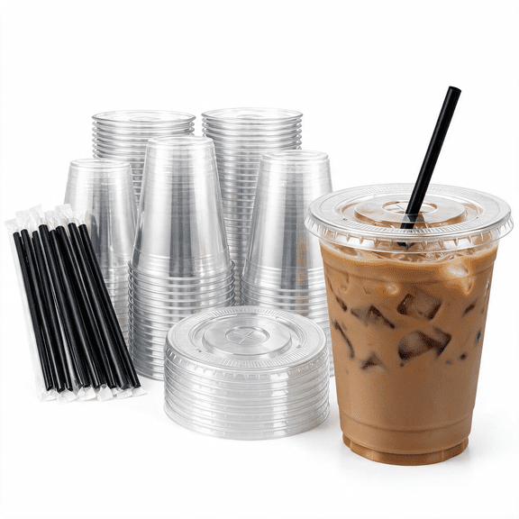 16 oz Clear Plastic Cups with Lids and Straws, 50 Pack Sturdy To Go Cups for Iced Coffee, Smoothies & Bubble Tea
