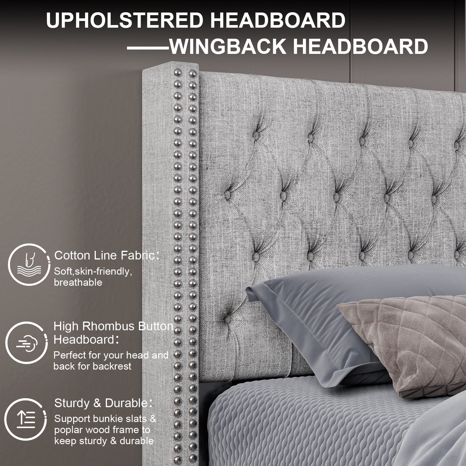 Nathaniel Home, Fabric Linen King Bed Frame, with Tufted Upholstered Headboard, Nailhead Button Platform Bed Frame for Bedroom, Gray