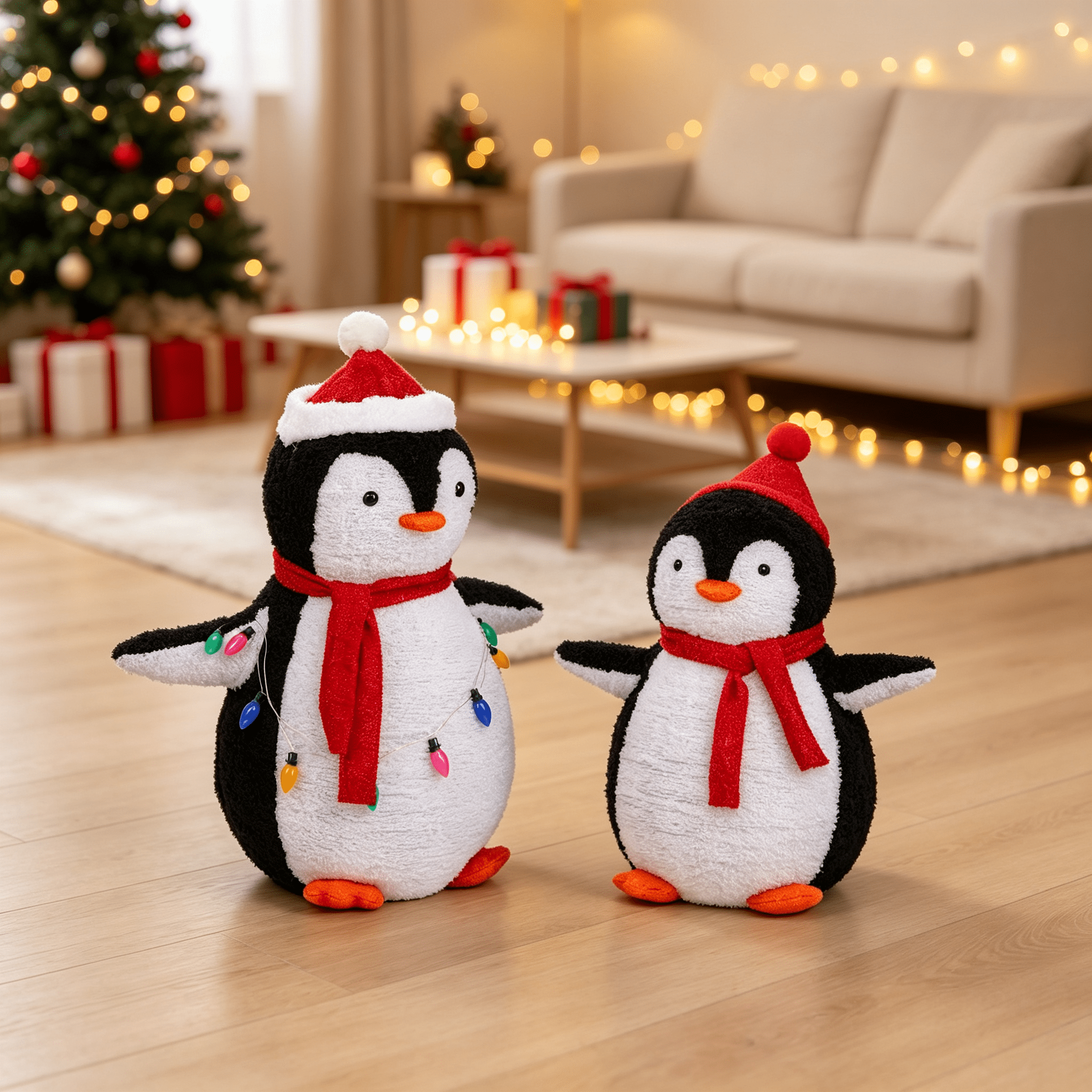 Astoutdoor 2-Piece Lighted Plush Penguin Christmas Yard Decorations, Pre-Lit Pull-Up Penguins with 150 Warm White LEDs, Multicolor Light String and Stakes