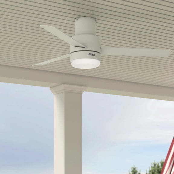 Hunter 52 inch Outdoor or Indoor Ceiling Fan with LED Light and Remote Control - Low Profile Mount Ceiling Fan, 3 Blades, For Patio, Porch, Garage, or Living Room, Quiet - Gilmour 51840, Matte White