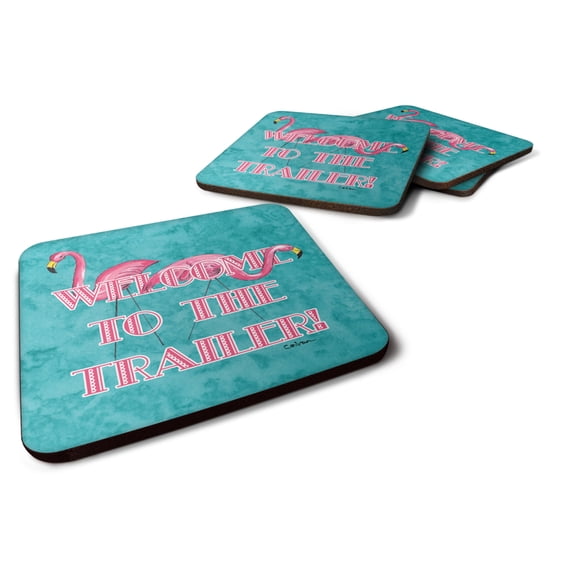Welcome to the Trailer with Flamingos Foam Coaster Set of 4