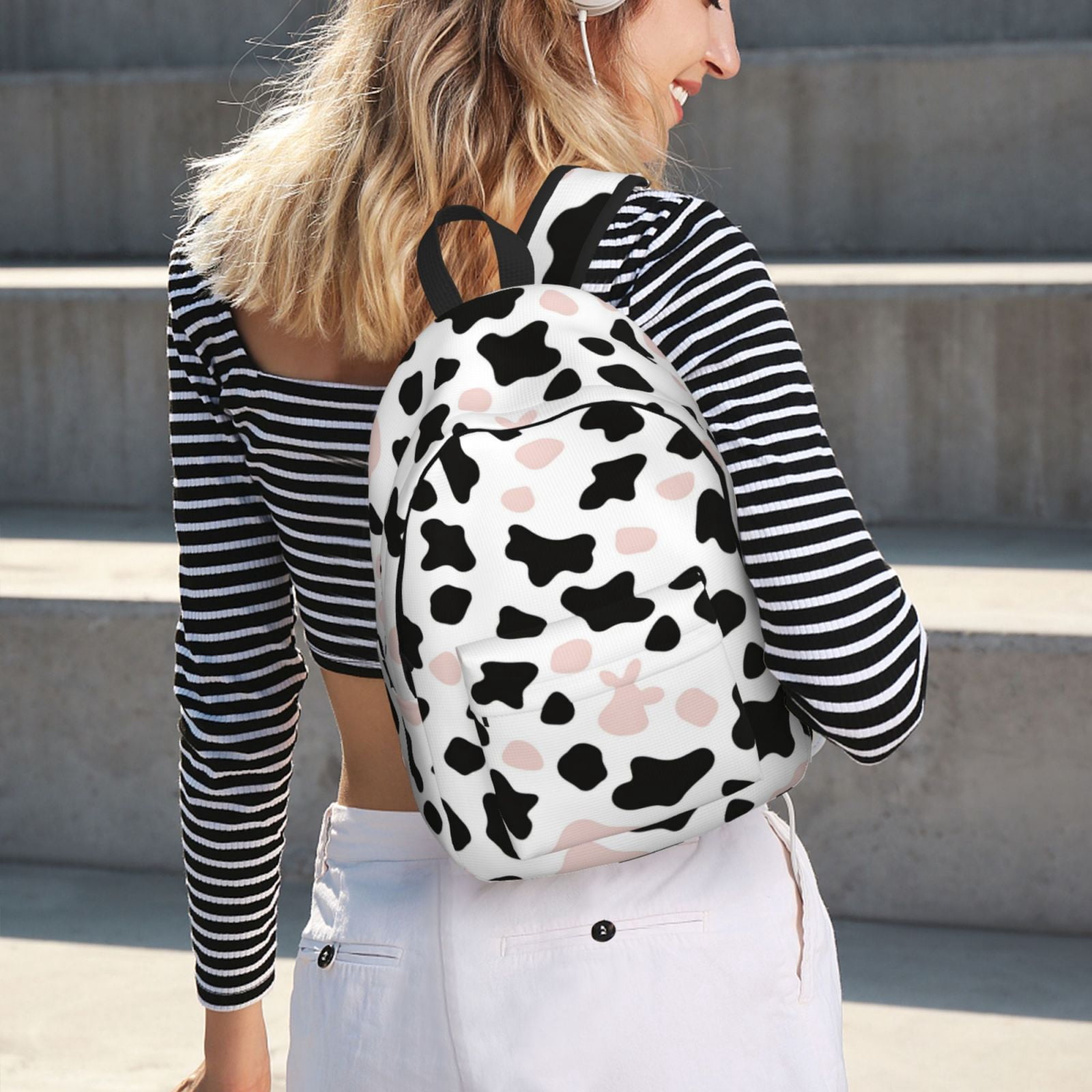 Casual Canvas Backpack Without Interlayer Large Capacity Stick Bag Design For Outdoor Shopping Office Outdoor Sports Simple Cow Print Pattern White Background, Pink And White_3 Medium
