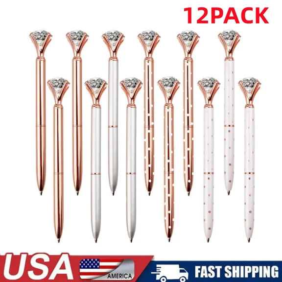 Set Of 12 Diamond Pens, Crystal Topped Ballpoint Pens For Gifting Office - Black