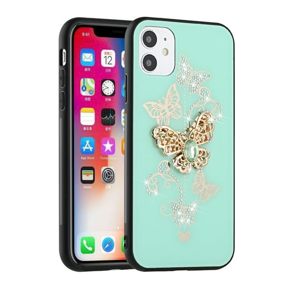 For Apple iPhone 14 Pro Max (6.7") 3D Diamond Bling Sparkly Glitter Ornaments Engraving Hybrid Metal Fashion Cover ,Xpm Phone Case [ Teal Garden Butterflies ]