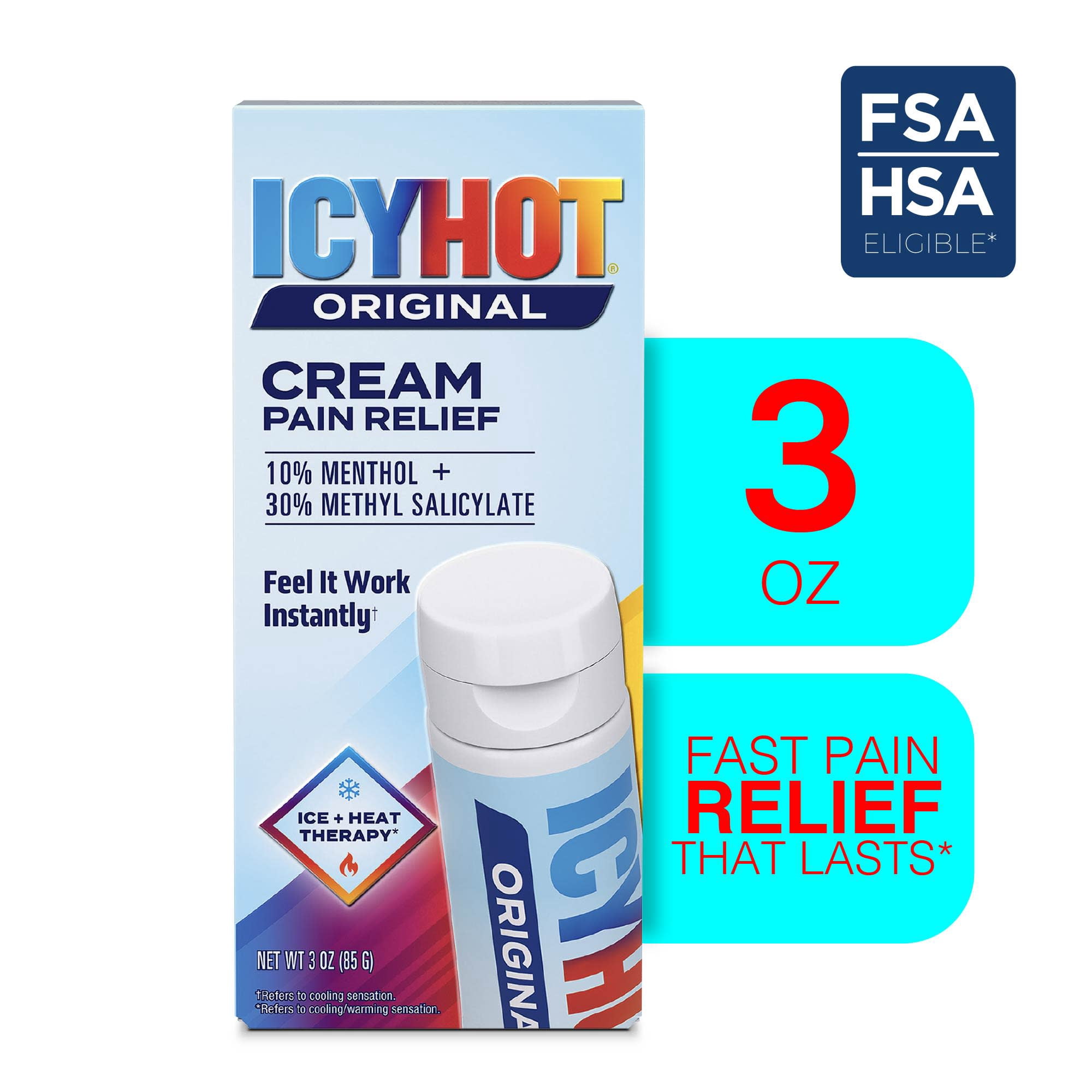 Icy Hot Original Pain Relief Cream, Fast-Acting Pain Relief With Menthol 10% and Methyl Salicylate 30%, Ice and Heat Contrast Therapy for Backaches, Joints, Muscle Strains and Arthritis, 3 oz