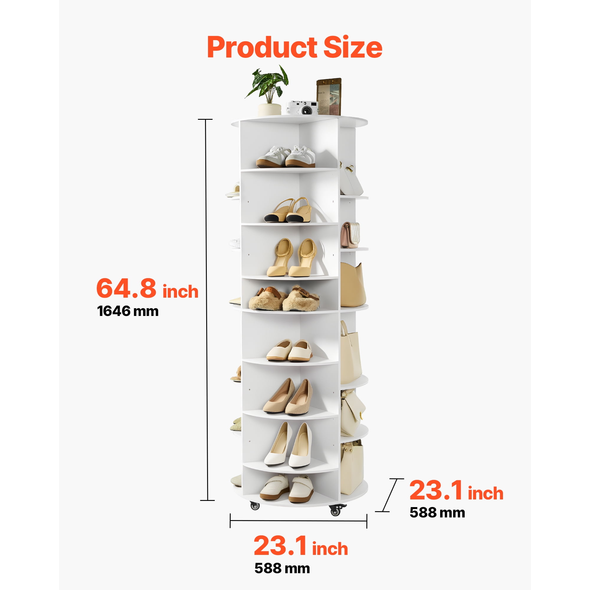 KFFKFF 7-Tier Rotating Shoe Rack Tower with Adjustable Shelves, 360° Spinning Organizer with Wheels, Movable Carousel Storage for Bedroom, Living Room, Entryway, Closet, White