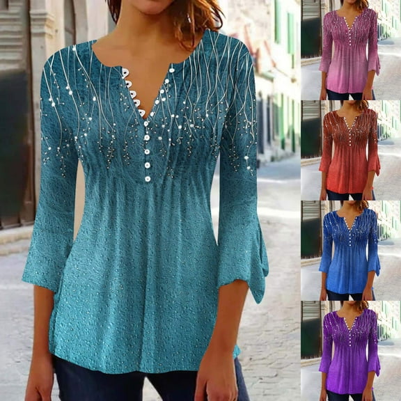 DIOAZUD Womens Tunic Tops Casual 3/4 Length Sleeve Shirts V Neck Button Pleated Blouses Floral Summer Tops