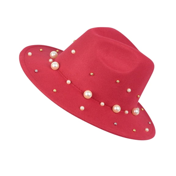 Fgnfyis Pearls Ladies Fashion Panama Hat, Handmade Fedora Baseball Cap with Large Decoration - Women‘S Hats Red