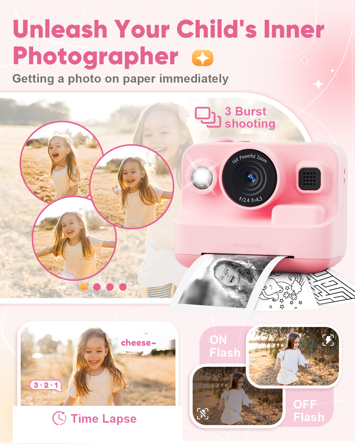 Prysyed Kids Instant Print Digital Camera, 1080P HD, Pink photo 6