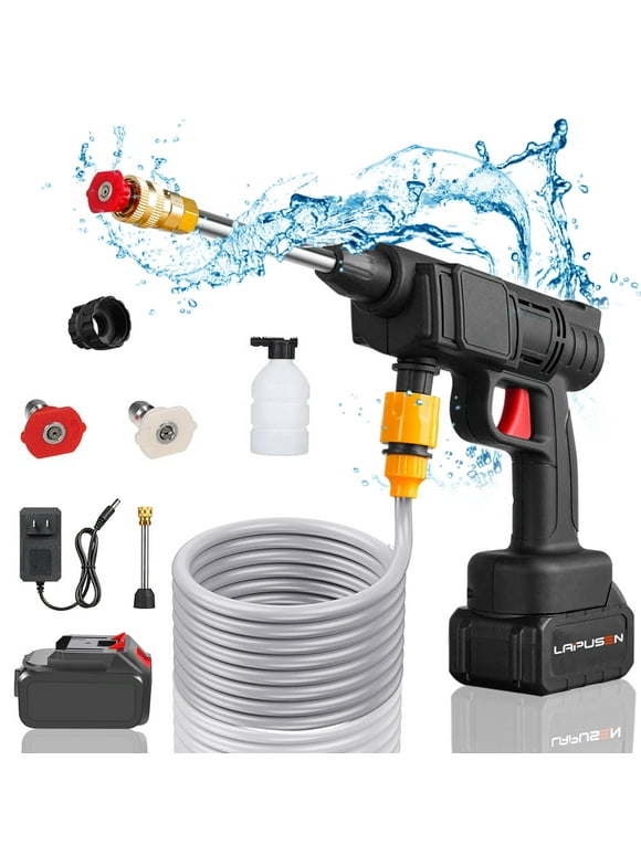 HDJ 9000 mAh 24V Cordless Pressure Washer Car Washer Machine With 1 Battery,1 Charge,16.4 FT Water Pipe and 2 Connect Nozzles,800 PSI