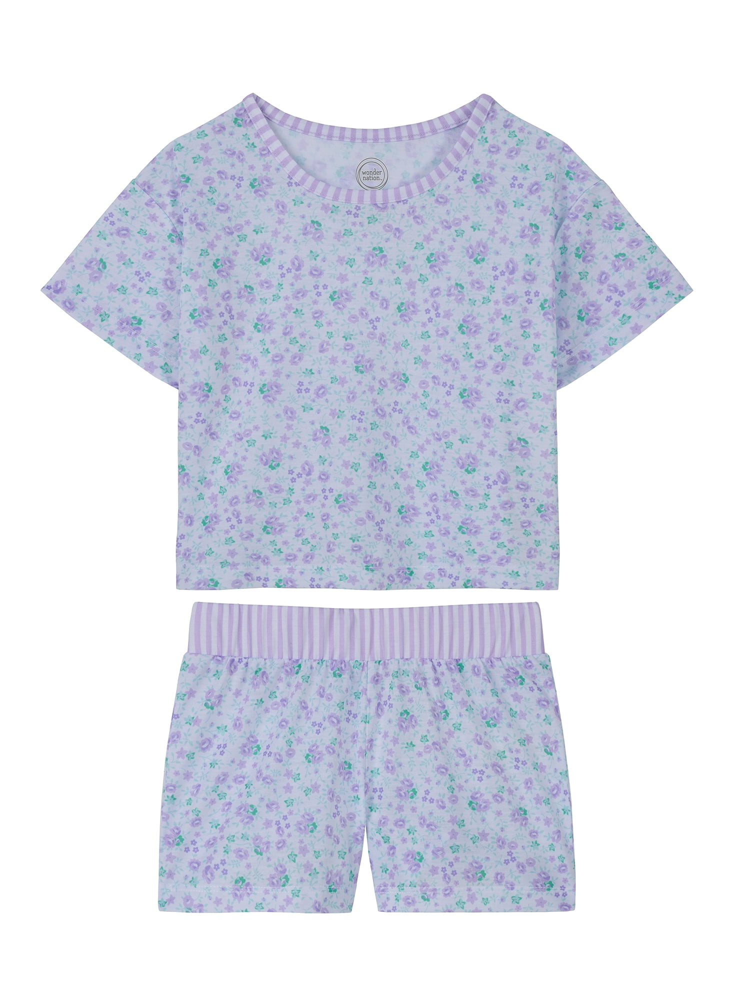 Wonder Nation Girls Tank, Short Sleeve Top, Sleep Shorts and Sleep Pant Pajama Set, 4-Piece, Sizes 4-18