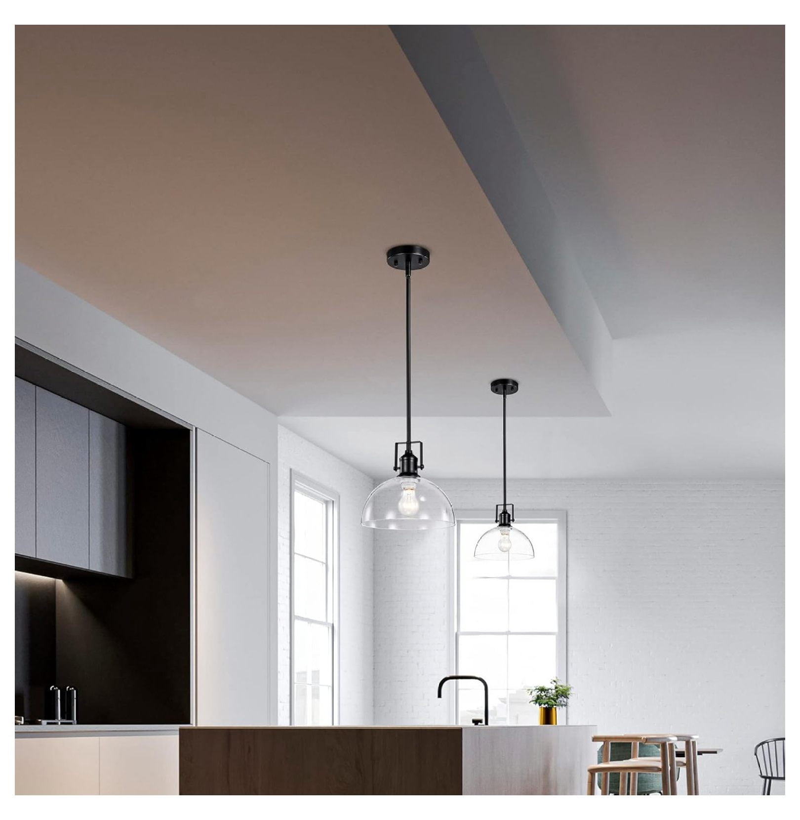 1-Light Kitchen Pendant Light with Handblown Clear Glass Shade, Adjustable Rods Farmhouse Ceiling Lighting Fixture for Kitchen Island, Sink, Matte Black Finish, 10 in.