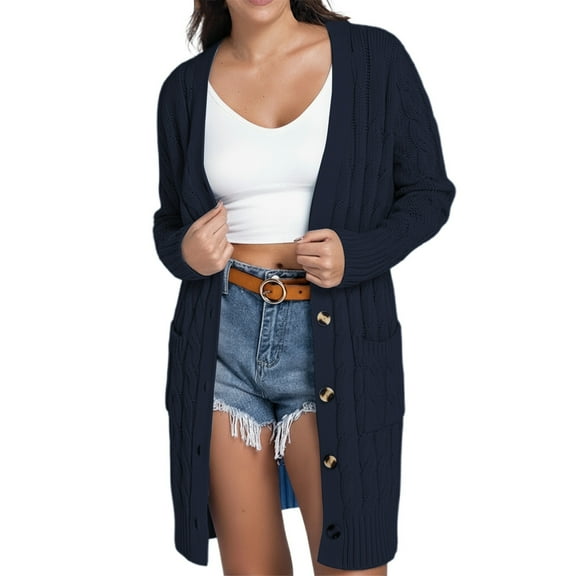 UJNDER Women's Long Button Down Cardigan for Cozy Fall Winter Knit Sweater Open Front Duster Outerwear and Casual Style Dark Blue XL