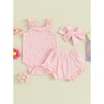 thumbnail image 2 of Suealasg 3Pcs Newborn Baby Girls Clothes Sleeveless Flower Print Rompers Ruffles Shorts Headband 3 6 12 18 Months Infant Summer Outfit 0-18M, 2 of 9