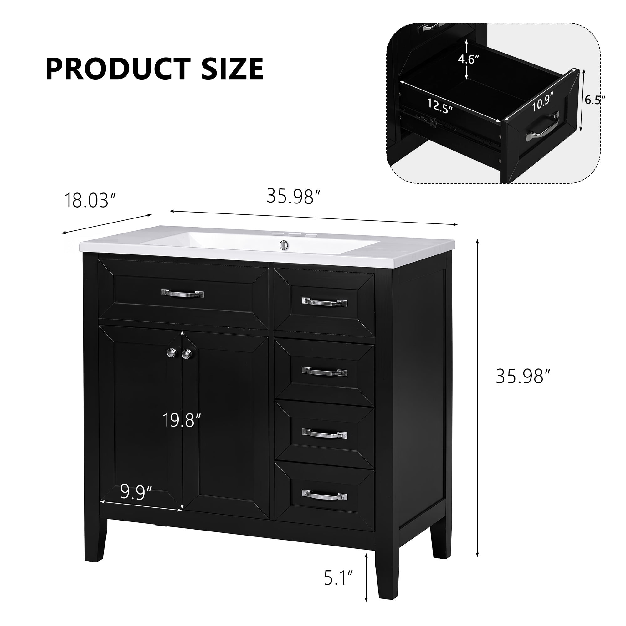 Soges 36" Bathroom Vanity with Sink Combo, Solid Wood Bathroom Makeup Cabinet with Door, Adjustable Shelf and 5 Drawers, Free Standing Single Basin Vanity Set, Durable & Easy to Clean, Black