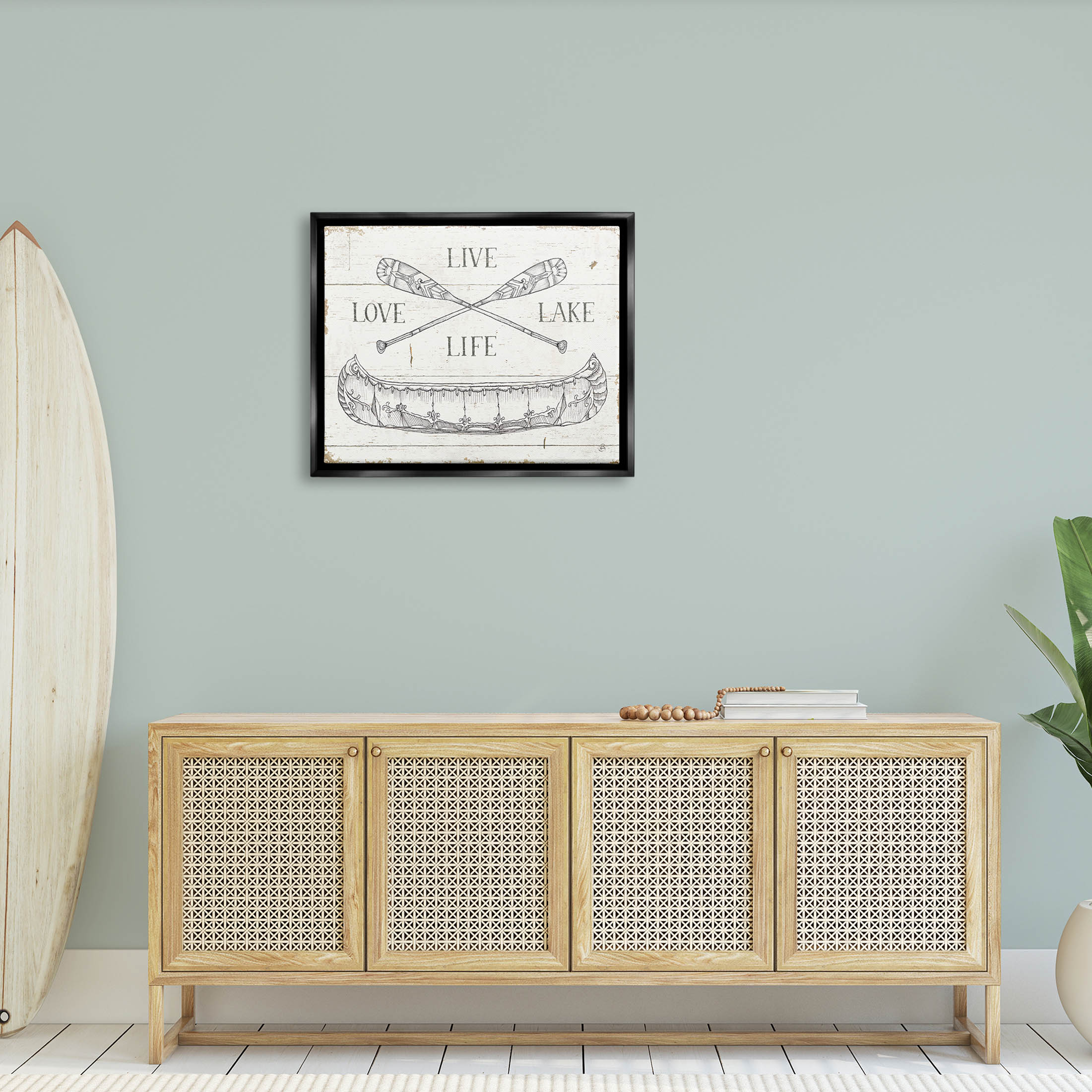 Stupell Industries Live Love Lake Rustic Canoe Oars Graphic Art Jet Black Floating Framed Canvas Print Wall Art, Design by Daphne Brissonnet