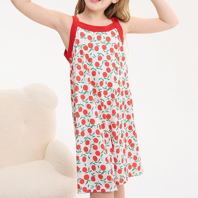 JDQJBZ Robe Bébé Fille Enfant Été Plage Robe d'Été Imprimé Pêche Camisole Bretelle Ajustable Sans Manches Robe de Nuit
