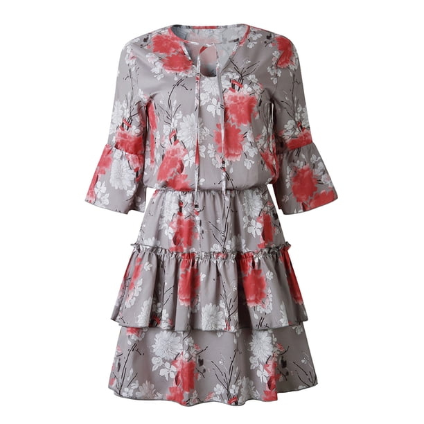 Vestido de verano floral con manga 3/4 Vestido mini con dobladillo con volantes y cuello en V con tiras para mujer tholdsy FS11722-05