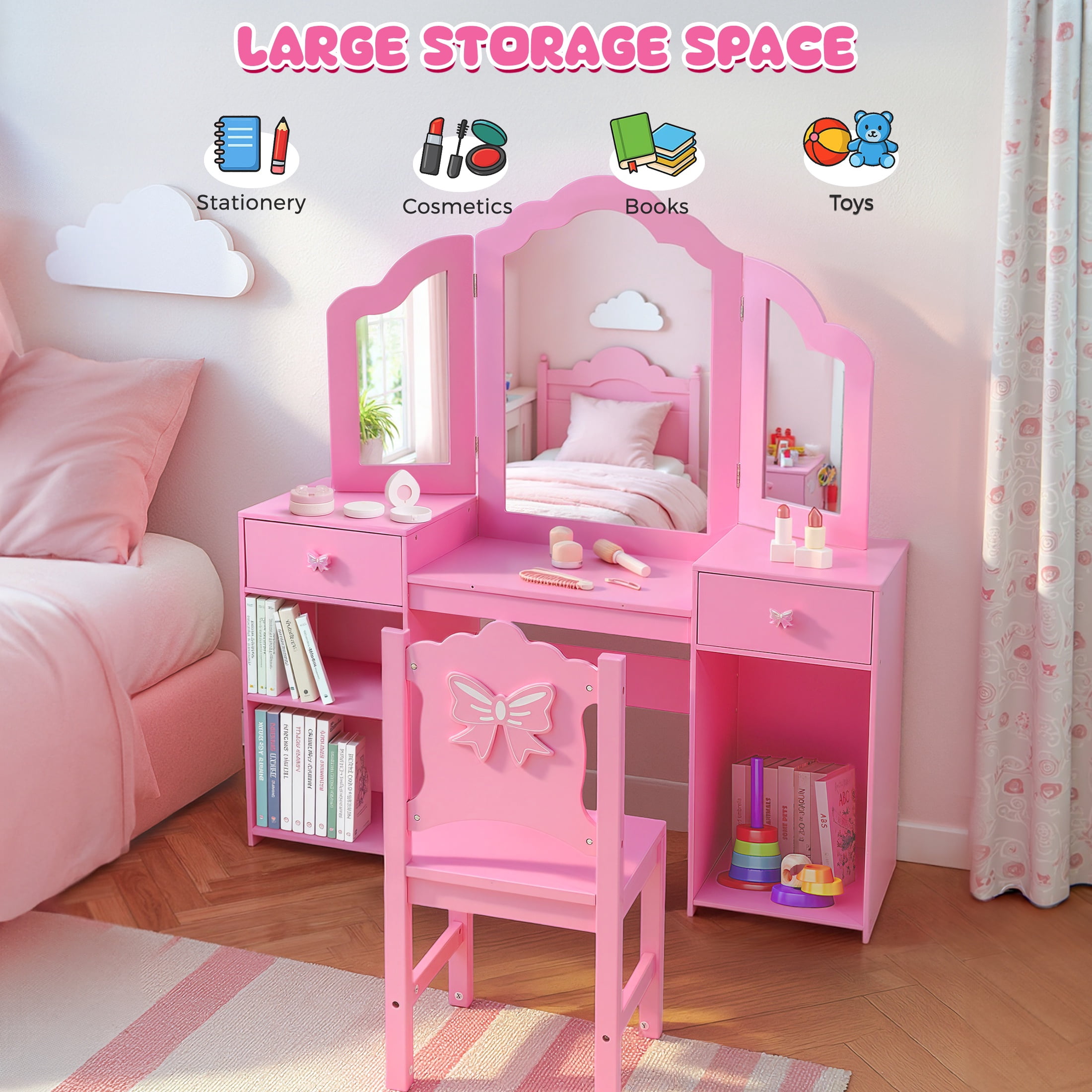 iYofe Girls Vanity Set with Mirror and Stool, Kids Vanity Table and Chair Set, Convertible Writing Desk for Girls Ages 3-9, Pink