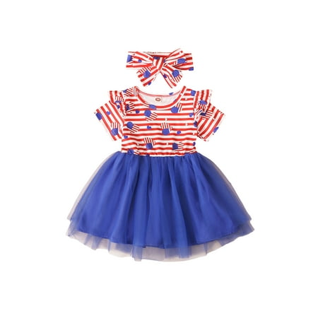 

Suanret Toddlers Kid Girls Dress Independence Day Love Stripe Print Ruffle Embellishment Short Sleeve Mesh Skirt Bow Headband Blue 4-5 Years