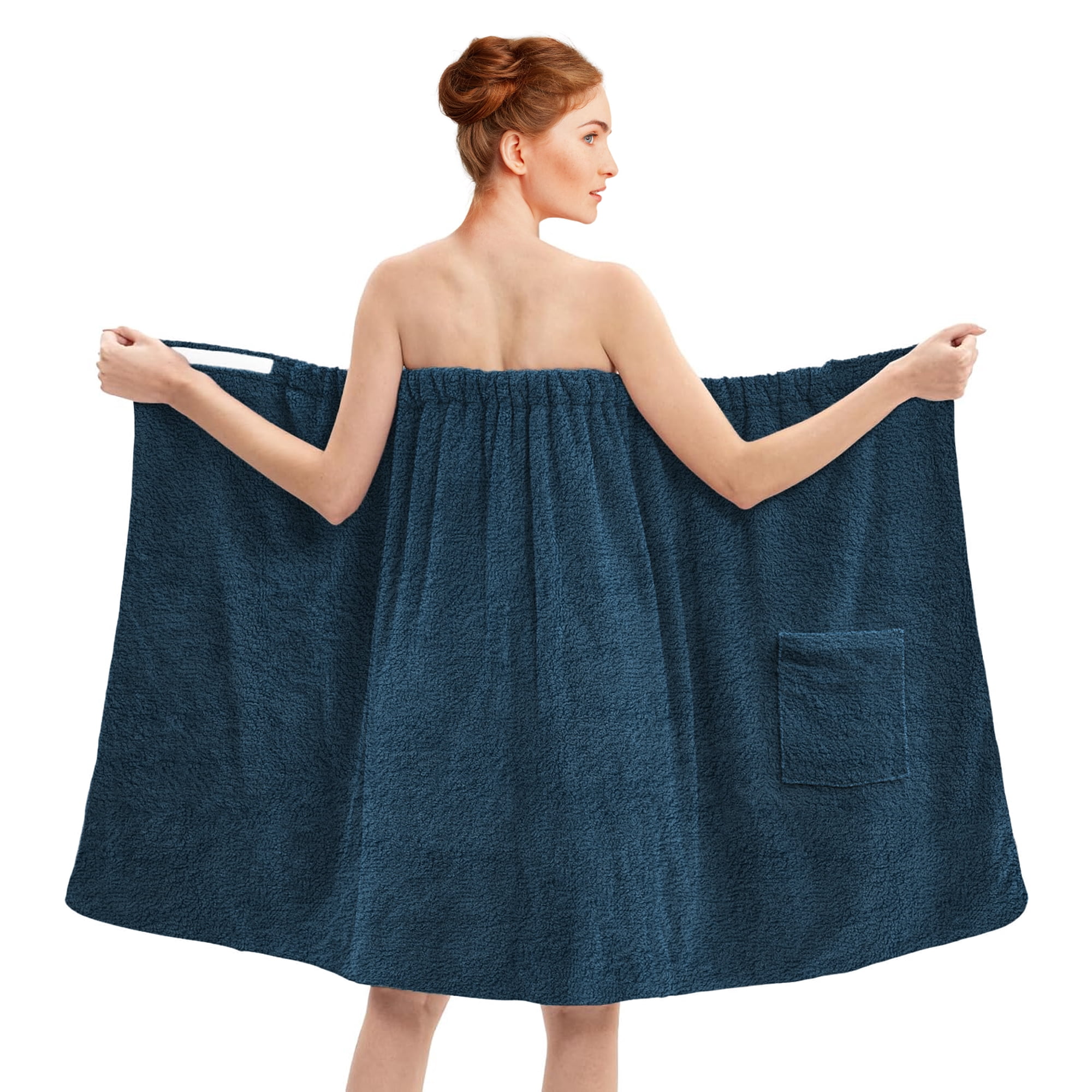 Dan River Shower Wrap With Pocket Pack of 1 Lightweight Terry Cotton Bath Towel Wrap - Blue Opal, 32X60in